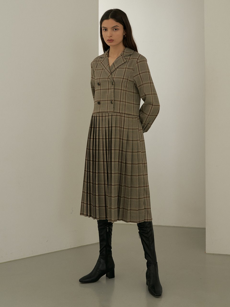 comos&#039;420 pleated double dress (check brown)